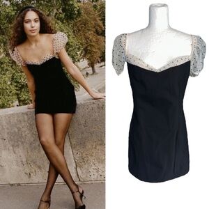 NWT Camila Coelho Black Cream Polka Dot Tulle Mini Dress - L